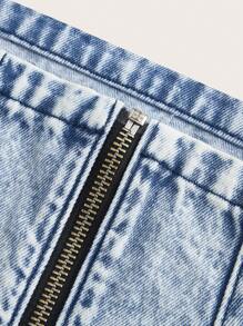 SHEIN MOD Zip Up Puff Sleeve Crop Denim Top - Medium Wash - View 3