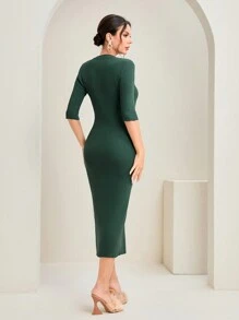Modelyn 紐扣細節高衩毛衣洋裝 - 綠色 - 查看 2