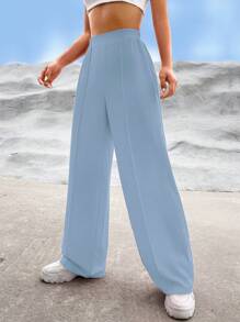SHEIN EZwear Women Daily Wear Solid Color Wide Leg Pants - Baby Blue - View 3