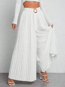SHEIN PETITE 高腰腰帶百褶闊腿褲 - 白色 - 查看 3