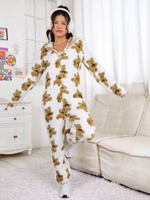 SHEIN EZwear Họa tiết gấu Thiết kế tai 3D áo có mũ Dây kéo mặt trước Flannel Áo liền quần - Nhiều màu - Xem 4