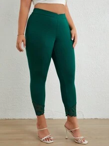 SHEIN LUNE 大碼蕾絲拼接緊身打底褲 - 墨綠色 - 查看 4