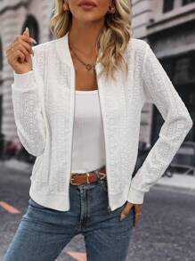 SHEIN LUNE 素色拉鏈開襟飛行員夾克 - 白色 - 查看 3