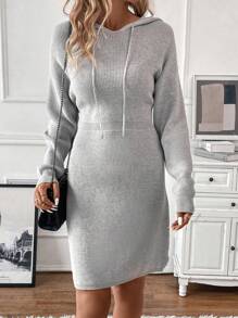 SHEIN Clasi Drop Shoulder Drawstring Hooded Bodycon Sweater Dress - Grey - View 3
