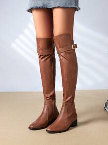 时尚靴子拉链粗跟高筒靴内外全皮透气吸汗长筒骑士靴中跟女靴户外装秋冬靴 - 棕色 - 查看 5