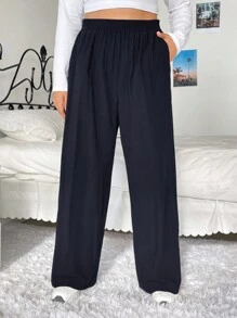 SHEIN EZwear Hơn Cao eo Túi nghiêng Quần ống rộng - màu đen - Xem 5