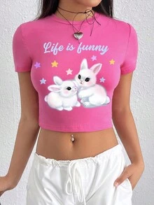 SHEIN EZwear 卡通和標語圖案短款T恤 - 粉色 - 查看 8