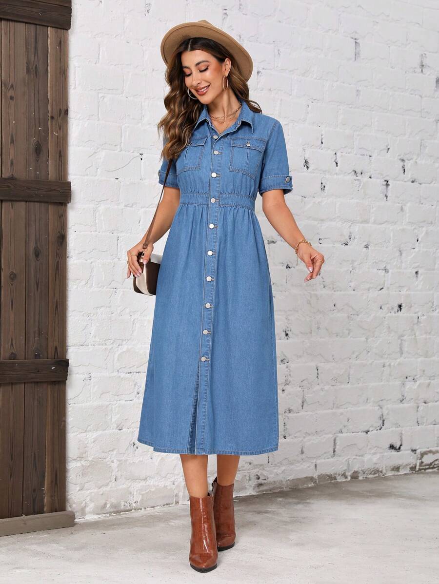 SHEIN LUNE Túi có nắp Nút phía trước Đầm Denim - Rửa nhẹ - Xem 1