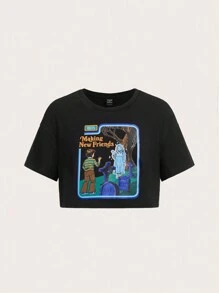 Stevenrhodes 图案短款 T 恤，学校 - 黑色 - 查看 1