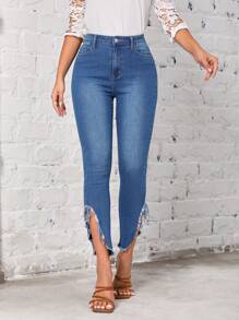 SHEIN LUNE Jeans ajustados ribete crudo - Azul - Ver 1