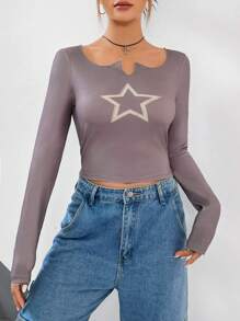 SHEIN EZwear تي شيرت بطباعة قمر ياقة مفتوح - رمادي - مشاهدة 5