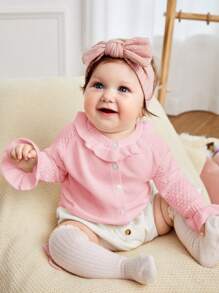 SHEIN Baby Girl Ruffle Trim Button Front Cardigan - Baby Pink - View 6