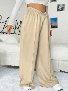 SHEIN EZwear 大碼素色闊腿衛褲 - 卡其色 - 查看 3