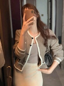 DAZY 女士休闲拼色装饰开衫，商务休闲，秋冬，长袖上衣，秋季女装夹克 - 棕色 - 查看 6