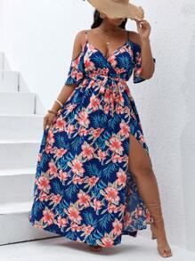SHEIN VCAY Plus Size Boho Tropical Print Cold Shoulder Split Thigh Belted Dress, For Summer - Navy Blue - View 6