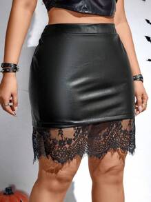 Celure 大碼蕾絲拼接亮面包臀半身裙 - 黑色 - 查看 3