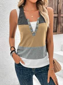 EMERY ROSE 撞色紐扣細節二合一背心上衣 - 卡其色 - 查看 5