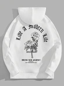 Manfinity RebelGame 男士寬鬆版型花卉和口號圖案印花帽衫,配有束繩 - 白色 - 查看 3