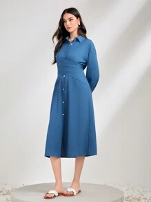 Mulvari Crisscross Nút phía trước Váy sơ mi - Xanh đậm - Xem 5