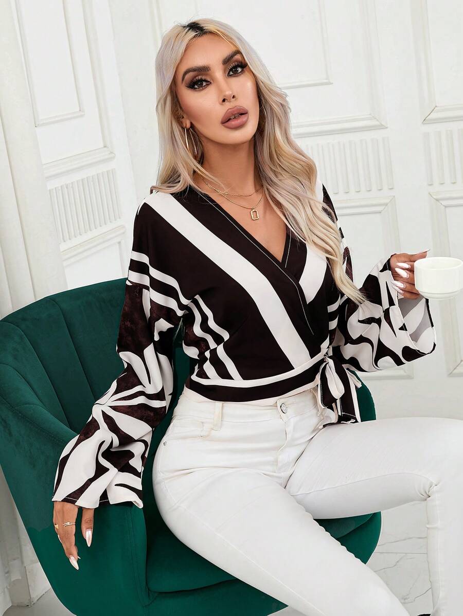 Aveloria Leaf Print Knot Side Wrap Blouse