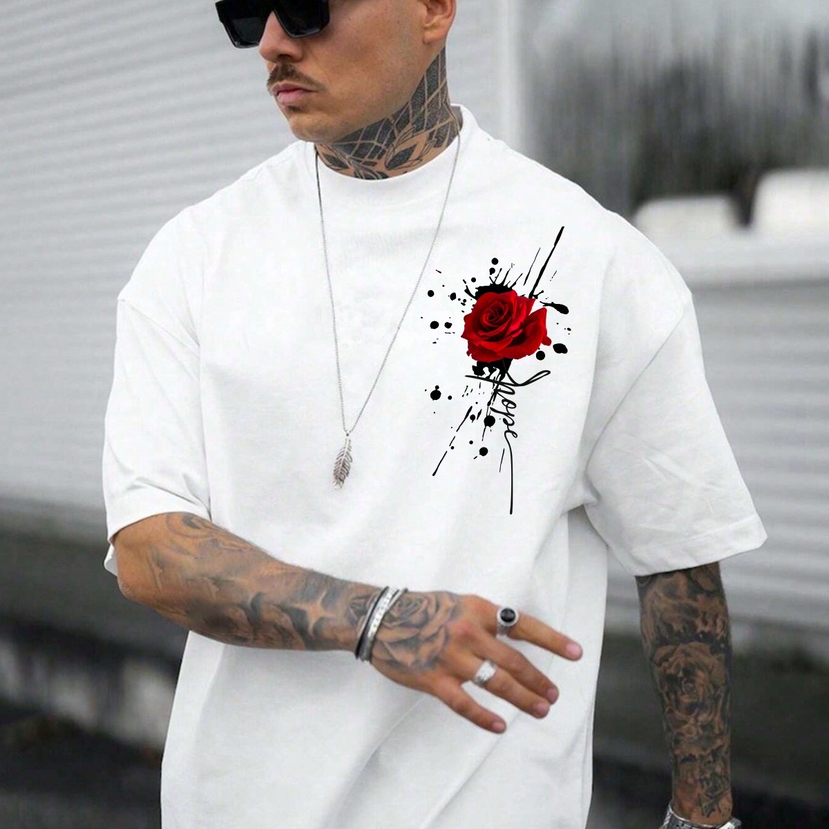 Hombres Camiseta con estampado de rosa