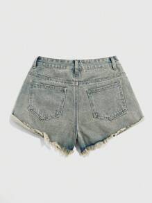 ROMWE Grunge Punk Ripped Raw Hem Denim Shorts, School - Light Wash - View 2