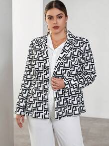 SHEIN Privé 大碼滿版印花單釦西裝外套 - 黑與白 - 查看 3