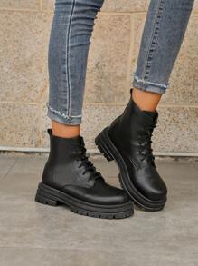 女士時尚英式風格靴子帶防滑橡膠軟底,繫帶摩托車靴子 - 黑色 - 查看 7