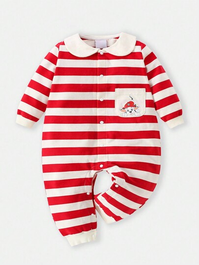 Baby Girl Striped Print Peter Pan Collar Button Front Jumpsuit