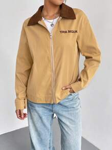 Flirla Letter Graphic Contrast Collar Drop Shoulder Zipper Front Coat Fall Cloth For Women - Khaki - View 4