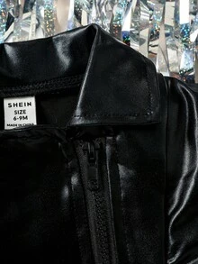 SHEIN 女嬰拉鏈門襟PU皮革夾克 - 黑色 - 查看 4