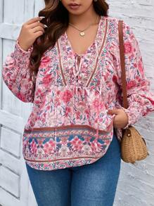 SHEIN LUNE Plus Floral Print Tie Front Lantern Sleeve Blouse - Pink - View 3