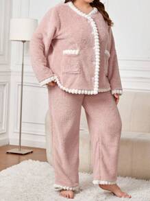Plus Contrast Trim Flannel PJ Set - Dusty Pink - View 5