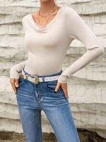 SHEIN Privé Draped Collar Solid Tee - Apricot - View 5