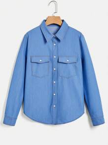 SHEIN EZwear Flap Pocket Button Front Shirt - Blue - View 1