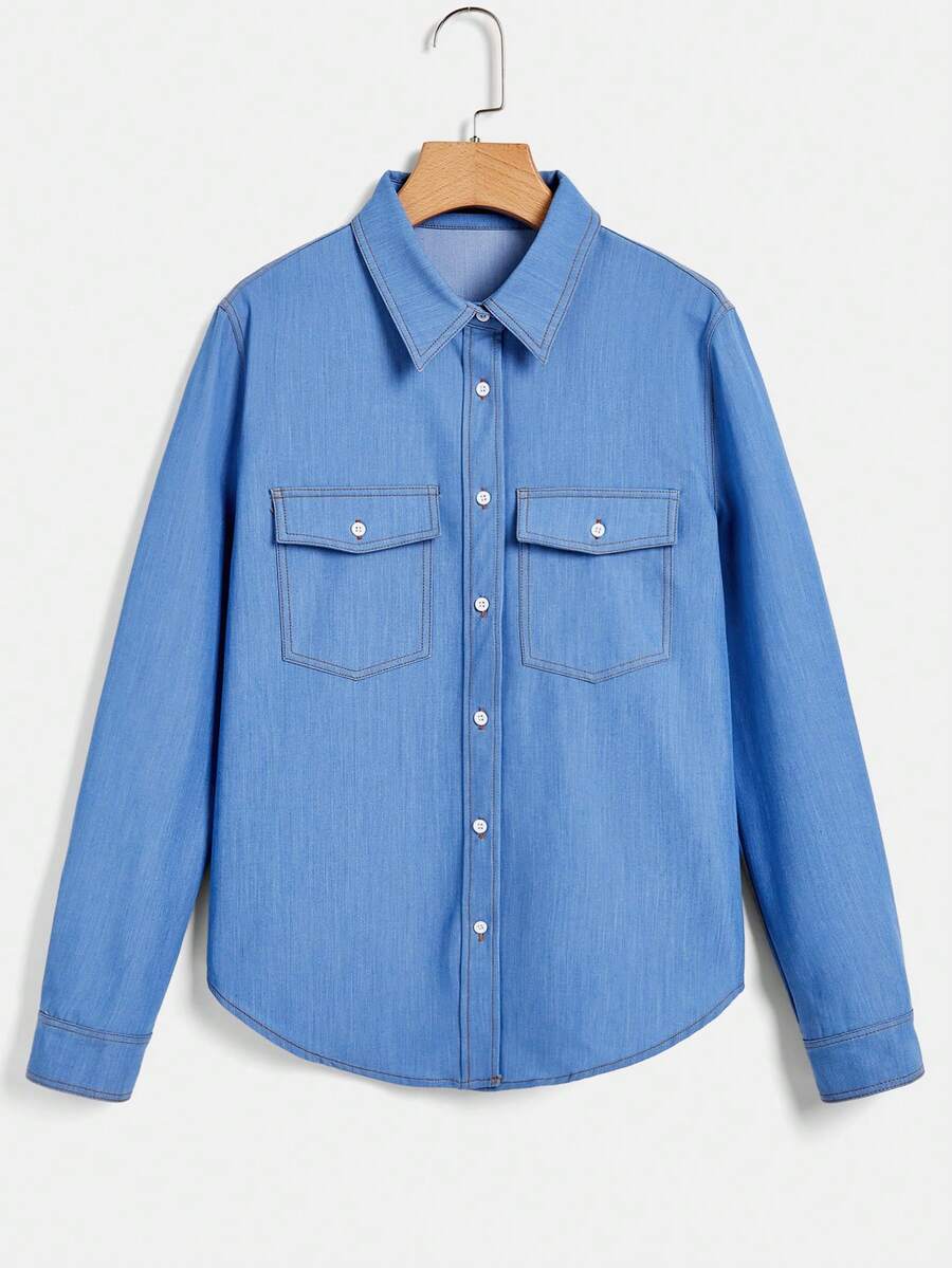 SHEIN EZwear Flap Pocket Button Front Shirt - Blue - View 1