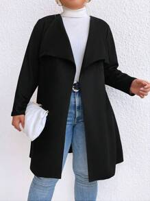 Celure Plus Waterfall Collar Open Front Coat - Black - View 4