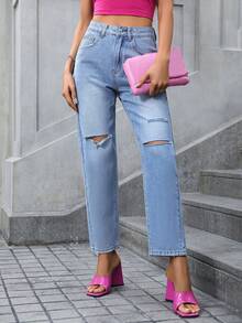 SHEIN Essnce 破洞直筒牛仔褲 - 中等水洗藍 - 查看 5
