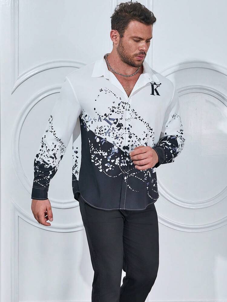 Men Plus Letter Graphic Two Tone Shirt