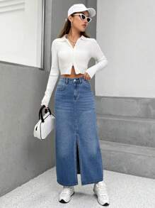SHEIN EZwear High Waist Split Thigh Denim Skirt