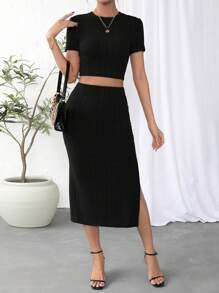 SHEIN Essnce unicolor Camiseta crop & de muslo con abertura Falda - Negro - Ver 3