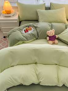 3pcs Green Washed Double-sided Duvet Cover And Pillowcase Set - Green - View 5