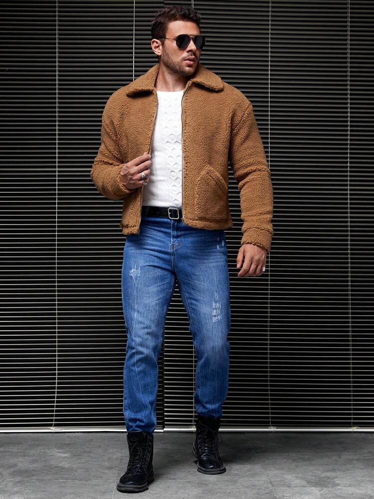 Loose Fit Men's Solid Color Teddy Jacket With Drop Shoulders