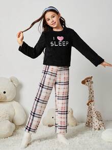 Tween Girl Letter & Plaid Print PJ Set - Multicolor - View 4