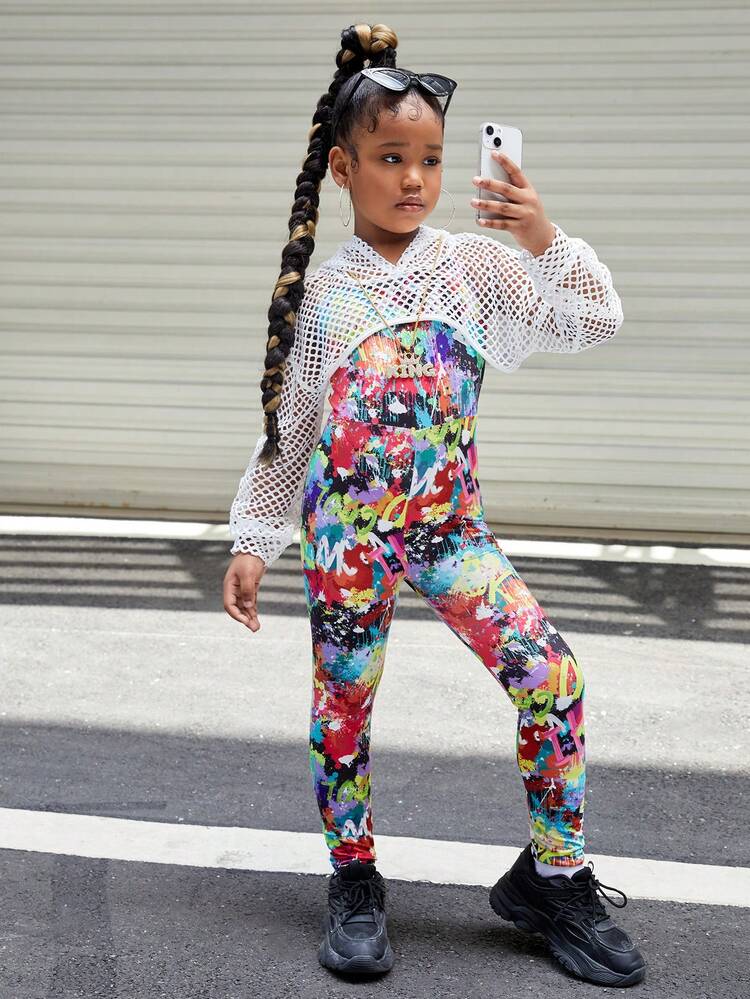 SHEIN 女大童圖案印花吊帶連體褲&超短款連帽衫 - 彩色 - 查看 5