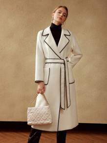 MOTF PREMIUM BELTED WOOL-BLEND CONTRAST STITCH COAT - Beige - View 4