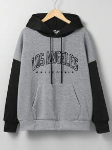 SHEIN EZwear 加大码字母图案撞色袋鼠口袋抽绳卫衣 - 灰色 - 查看 1