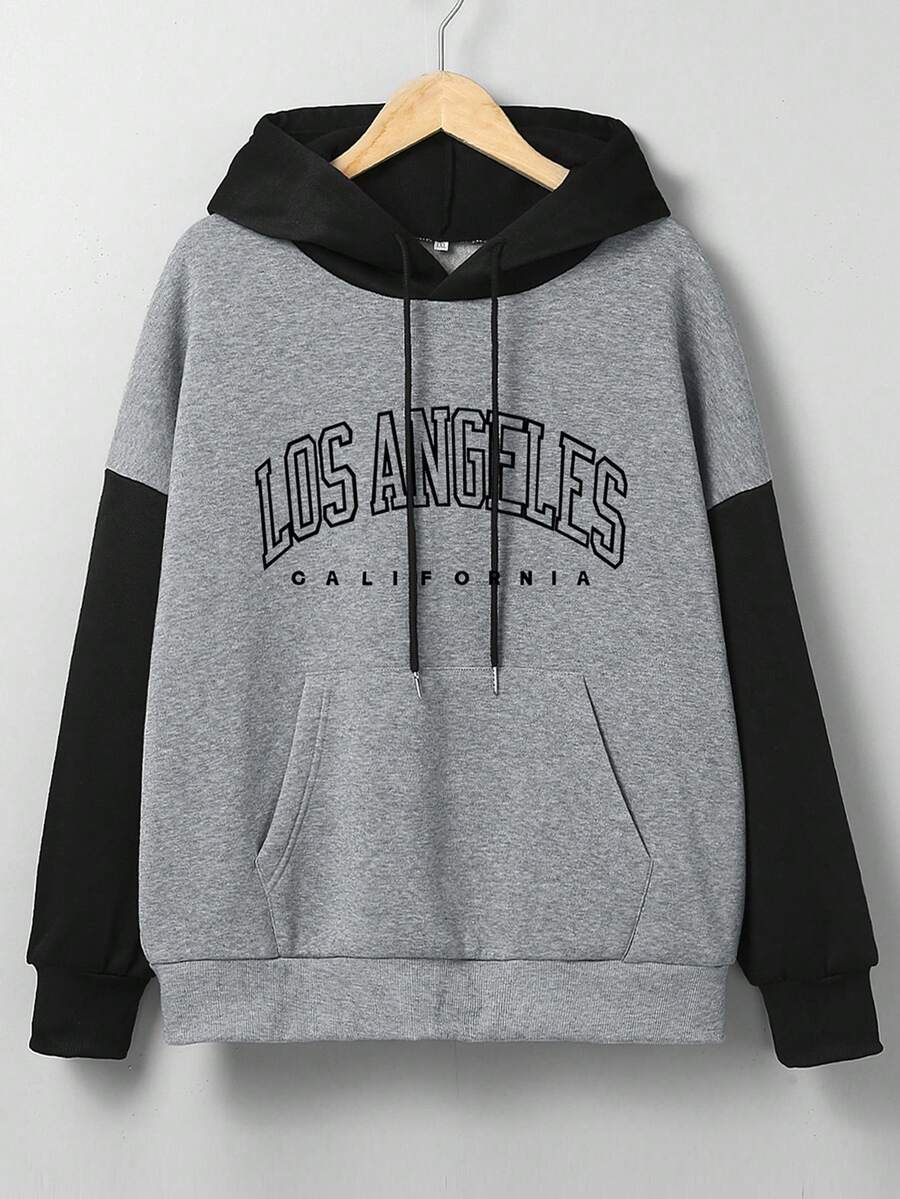 SHEIN EZwear 加大码字母图案撞色袋鼠口袋抽绳卫衣 - 灰色 - 查看 1