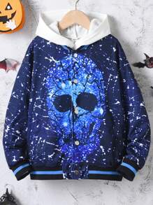 Tween Boy Skull Print Striped Trim Drop Shoulder Bomber Jacket Without Hoodie - Blue - View 1