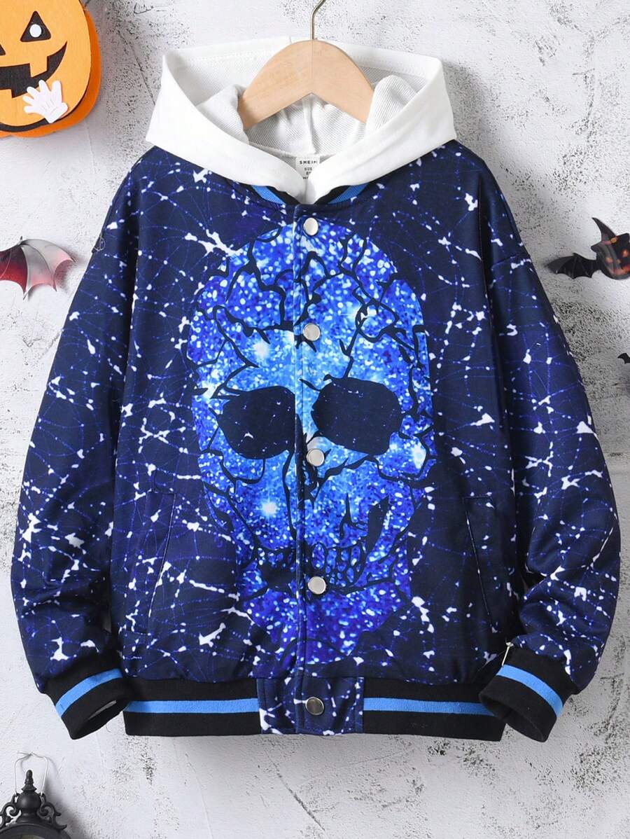 Tween Boy Skull Print Striped Trim Drop Shoulder Bomber Jacket Without Hoodie - Blue - View 1